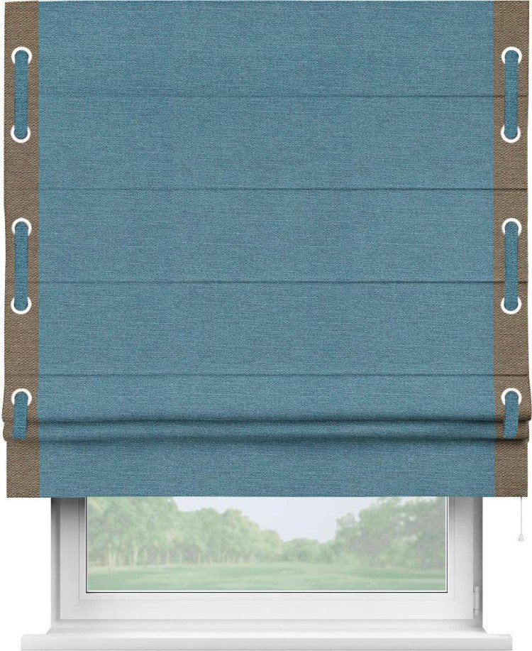 Римская штора «Кортин» с кантом Стрим Дуо (люверсы с пояском), для проема, ткань лён голубой