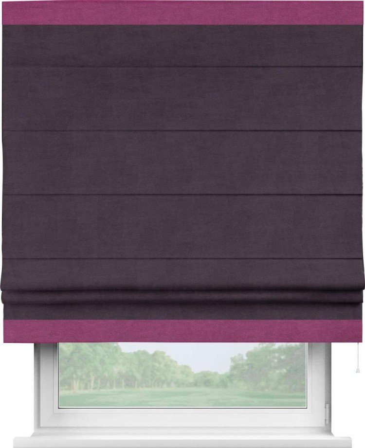 Римская штора «Кортин» для проема, вельвет тёмно-фиолетовый с кантом Горизонт